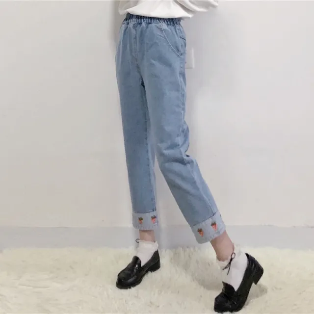Strawberry embroidery slim jeans Blue - Shop at LoveMi