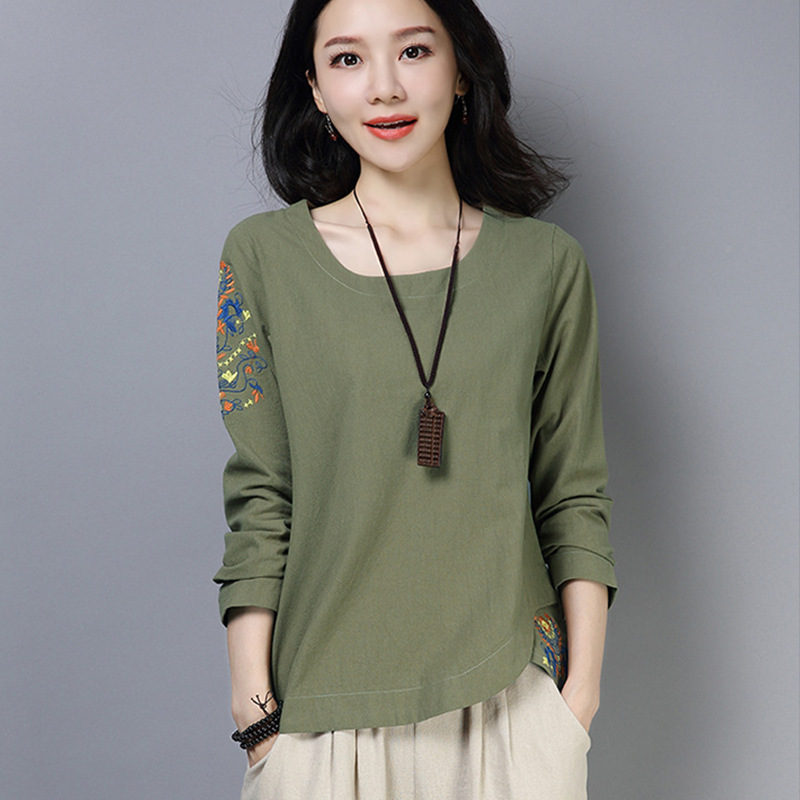 Cotton And Linen Women's Suit Long Sleeve t Shirt Green - Shop at LoveMi