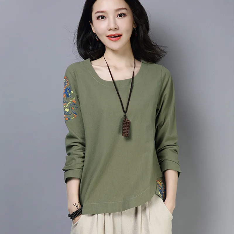 Cotton And Linen Women's Suit Long Sleeve t-Shirt - Green