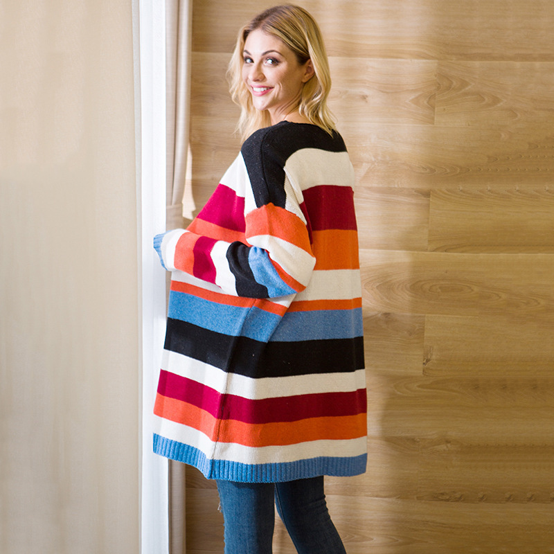 Striped mid-length cardigan sweater