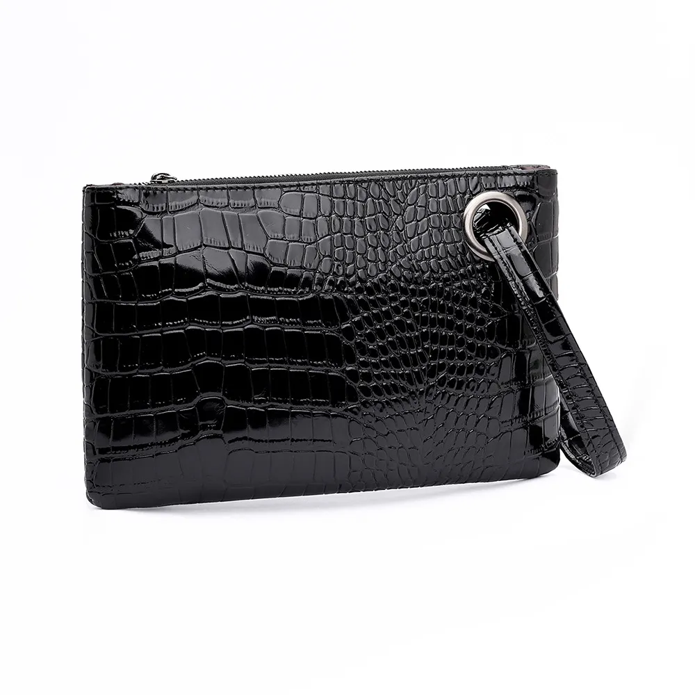PU stone pattern bright face clutch - Black
