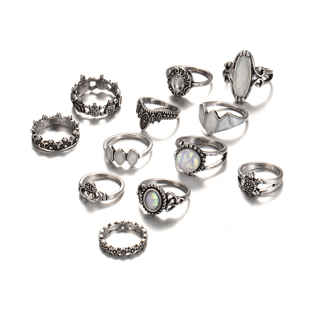 12-piece ring retro carved gemstone turtle set