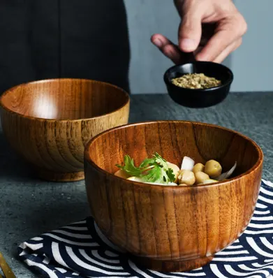 Wooden Bowl Japanese Style Wood Rice Soup Salad Food