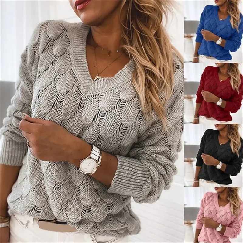 Feather Hollow Knit Sweater Fashion V-neck Long-sleeved Top Women's