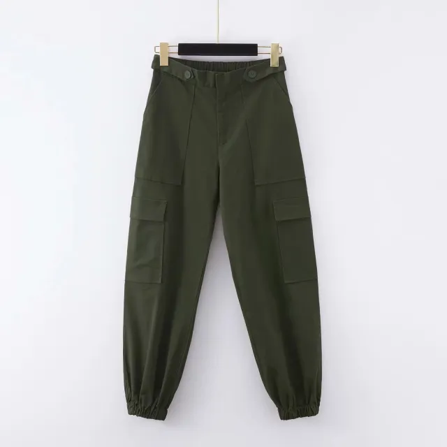 Solid color high waist cargo trousers Dark Green - Shop at LoveMi