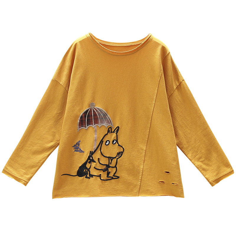 Cartoon Patch Embroidery Round Neck T-shirt Cotton