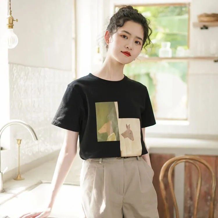 Loose Short Sleeve Round Neck Top Cotton T-shirt - Black
