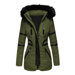 Contrasting colour big fur collar cotton coat women - Green - View 1