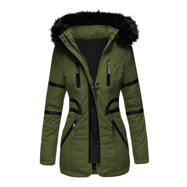 Contrasting color big fur collar cotton coat women Green - Shop at LoveMi