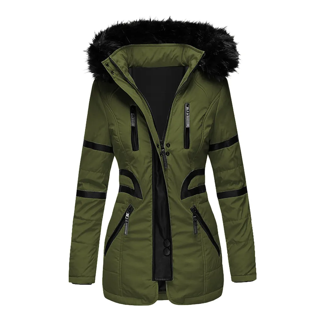Contrasting color big fur collar cotton coat women - Green