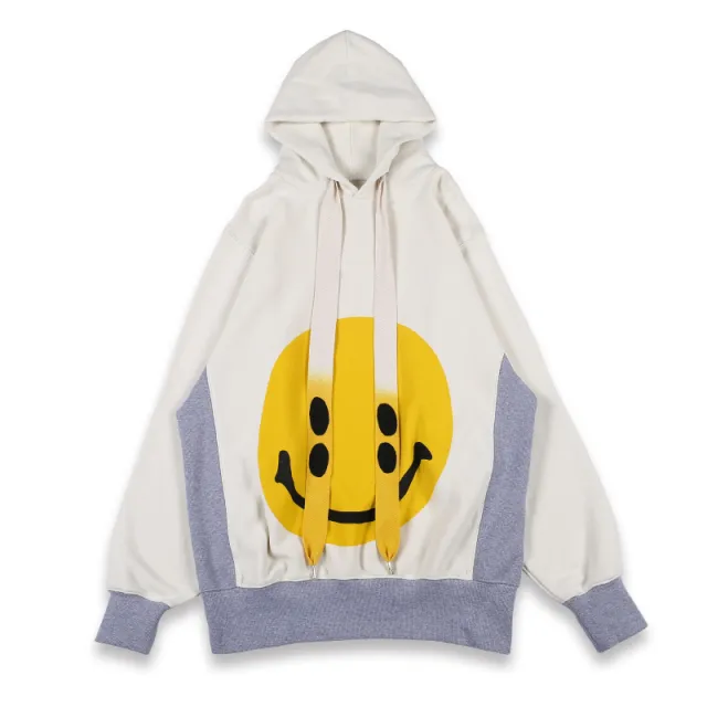 Retro smiley drawstring hooded casual sweater Grey - Shop at LoveMi