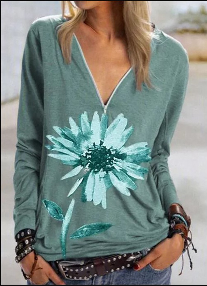 Women's Printed V-neck Long-sleeved Casual T-shirt
