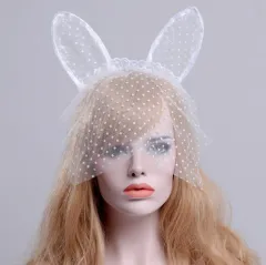 Small dot veil lace cat ears headband sex accessories - White - View 1