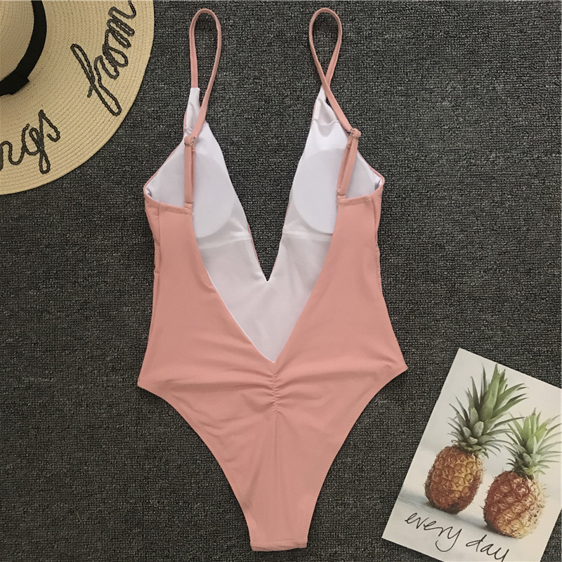 Solid color sexy one-piece swimsuit deep V-neck back pleated bikini - Image 7