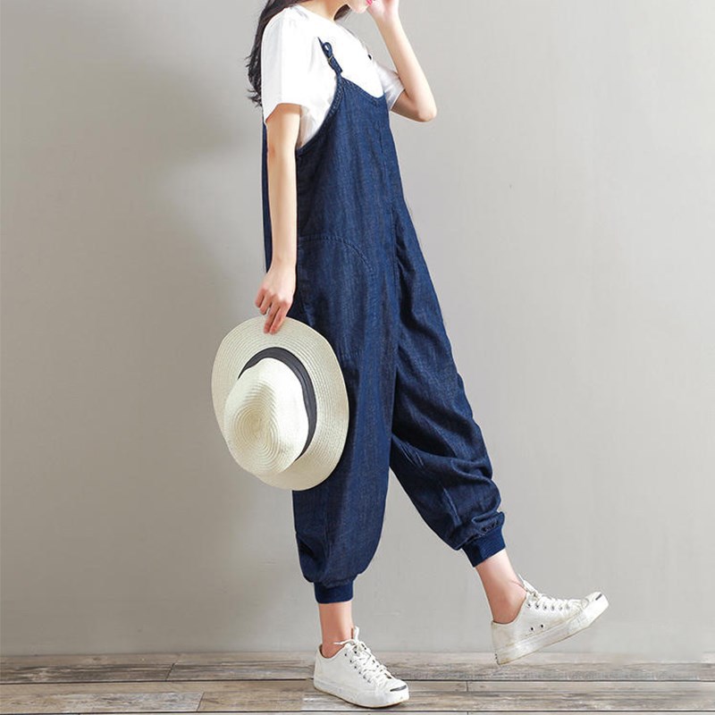 Women's two-color seven-yard one-piece suspenders and ankle jeans