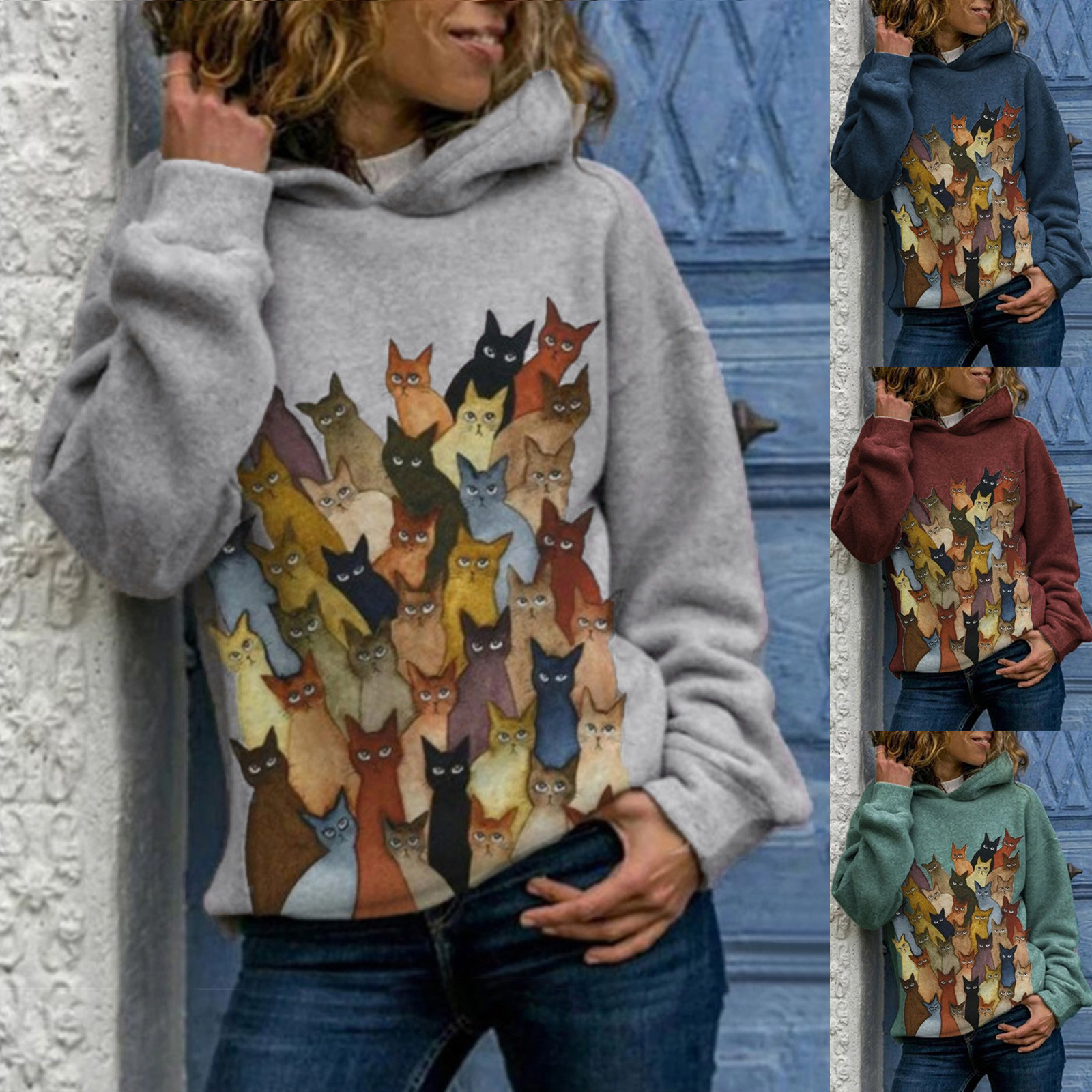 Gradient loose hood printed sweatshirt