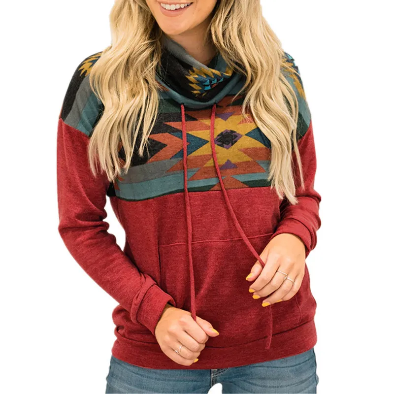 Loose Printed High Neck Hooded Sweater Women - Red