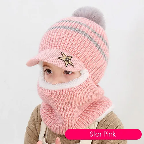 Children's neck guard one-piece woolen hat - Pink