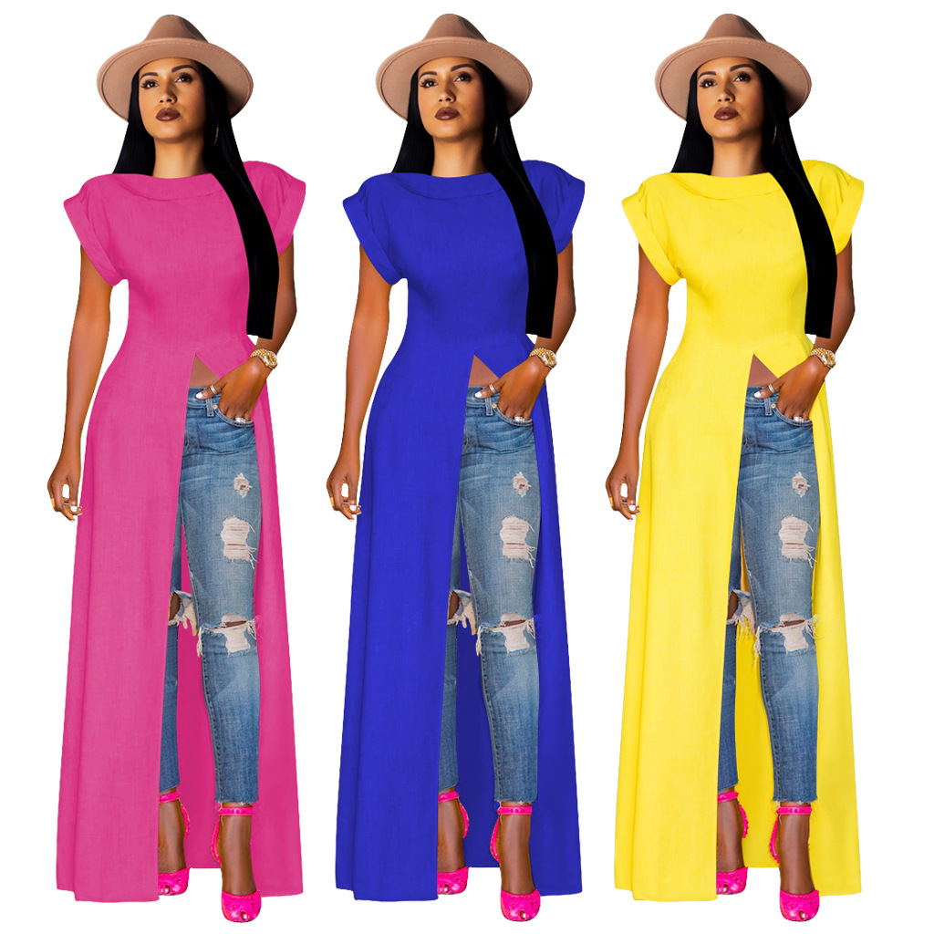 Short-sleeved round neck big split top