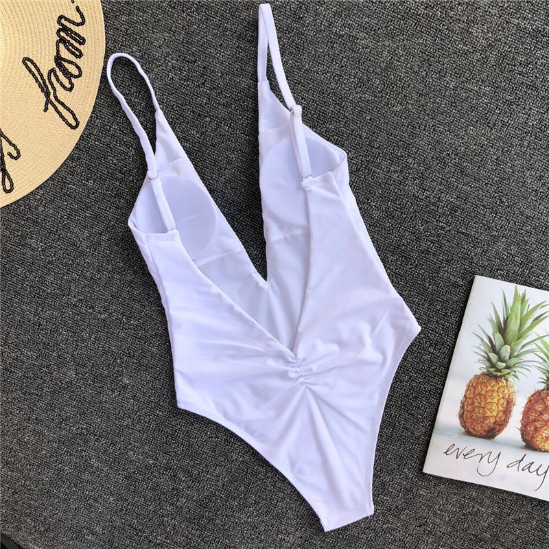 Solid color sexy one-piece swimsuit deep V-neck back pleated bikini - Image 18