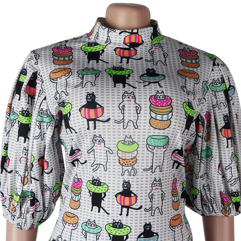 Fashion cute printed puff sleeve slim skirt