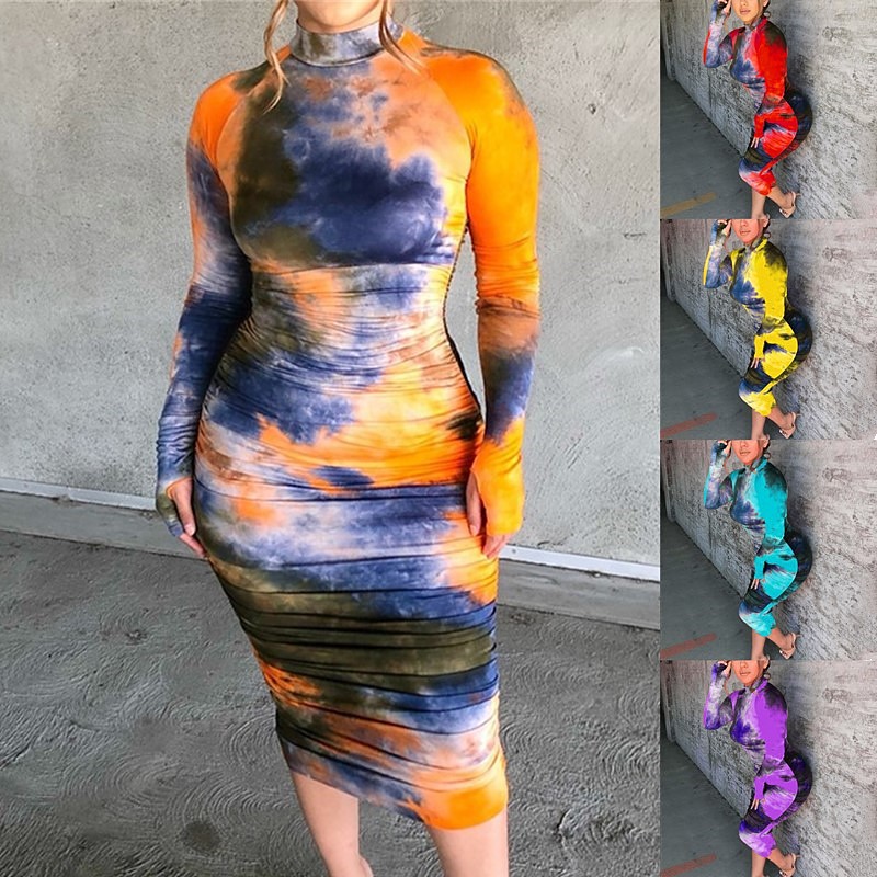 Tie-dyed Pleated Hot-selling Slim Round Neck Long Sleeve Women's Dress