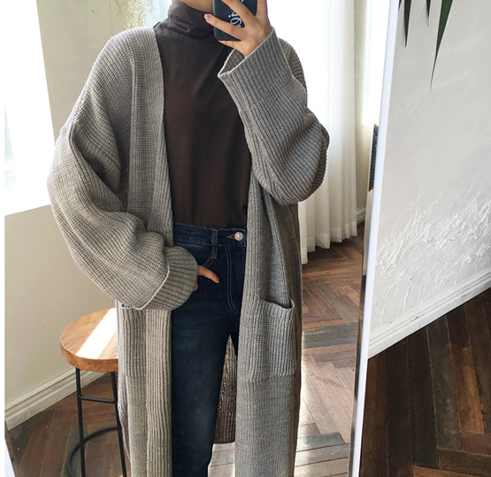 Medium long curled solid color lazy loose knit long sleeve sweater coat
