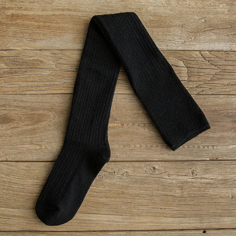 Wool plus velvet over the knee socks - Black