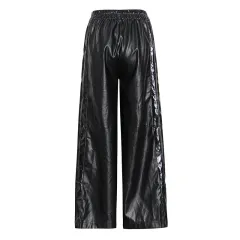 Sexy side button split PU leather wide-leg pants - Black - View 1