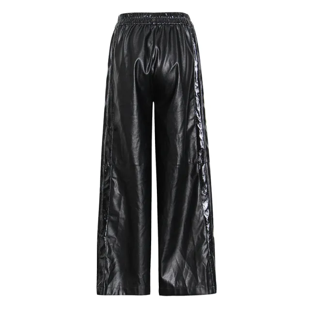 Sexy side button split PU leather wide leg pants Black - Shop at LoveMi
