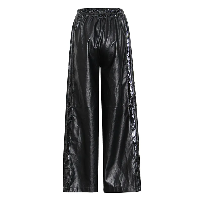 Sexy side button split PU leather wide-leg pants - Black