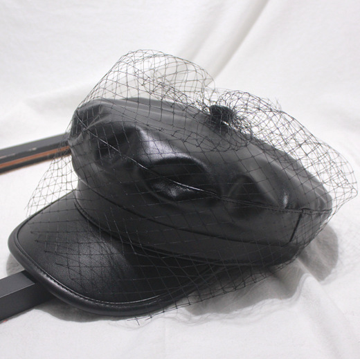 Leather navy hat mesh yarn all-match temperament fashion ladies cap