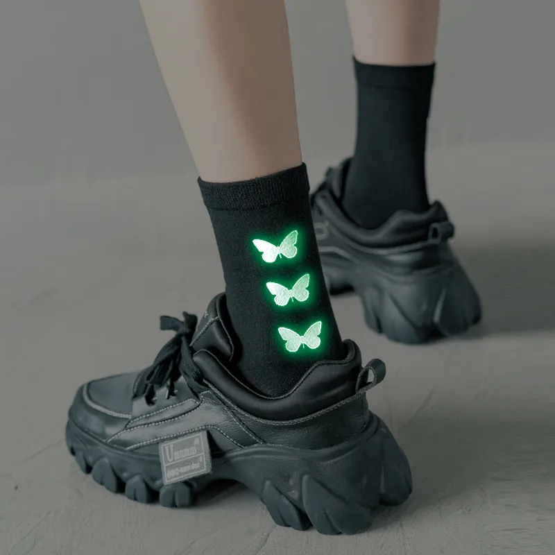 Black Socks Women Luminous Butterfly Tube