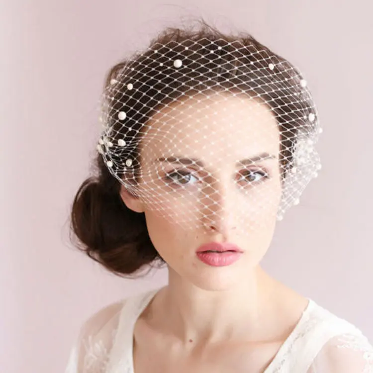 Bridal Veil Pearl Large Hole Mesh Hair Comb Short
