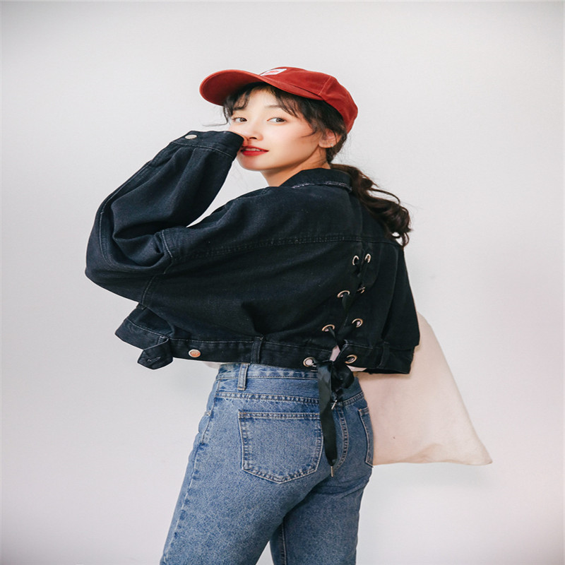 Korean Style Lace-up Blouse With Long Sleeves and Short Loose