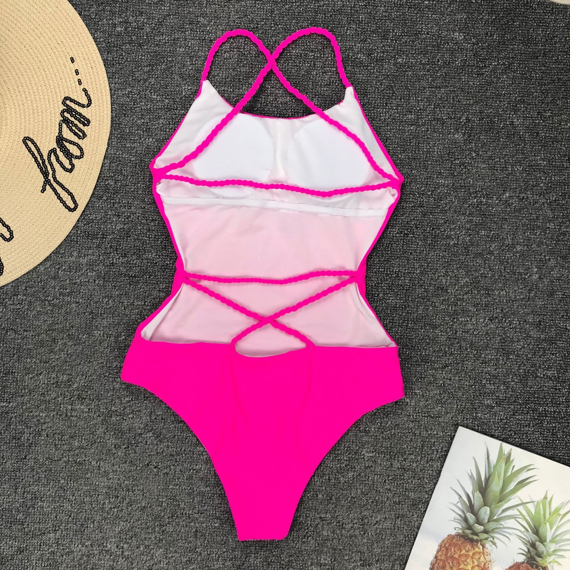 Braided solid color big backless sexy one-piece swimsuit swimsuit - Image 9