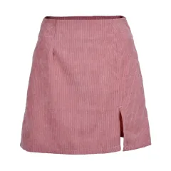 Women's high waist corduroy skirt solid color slit A-line skirt - Pink - View 1