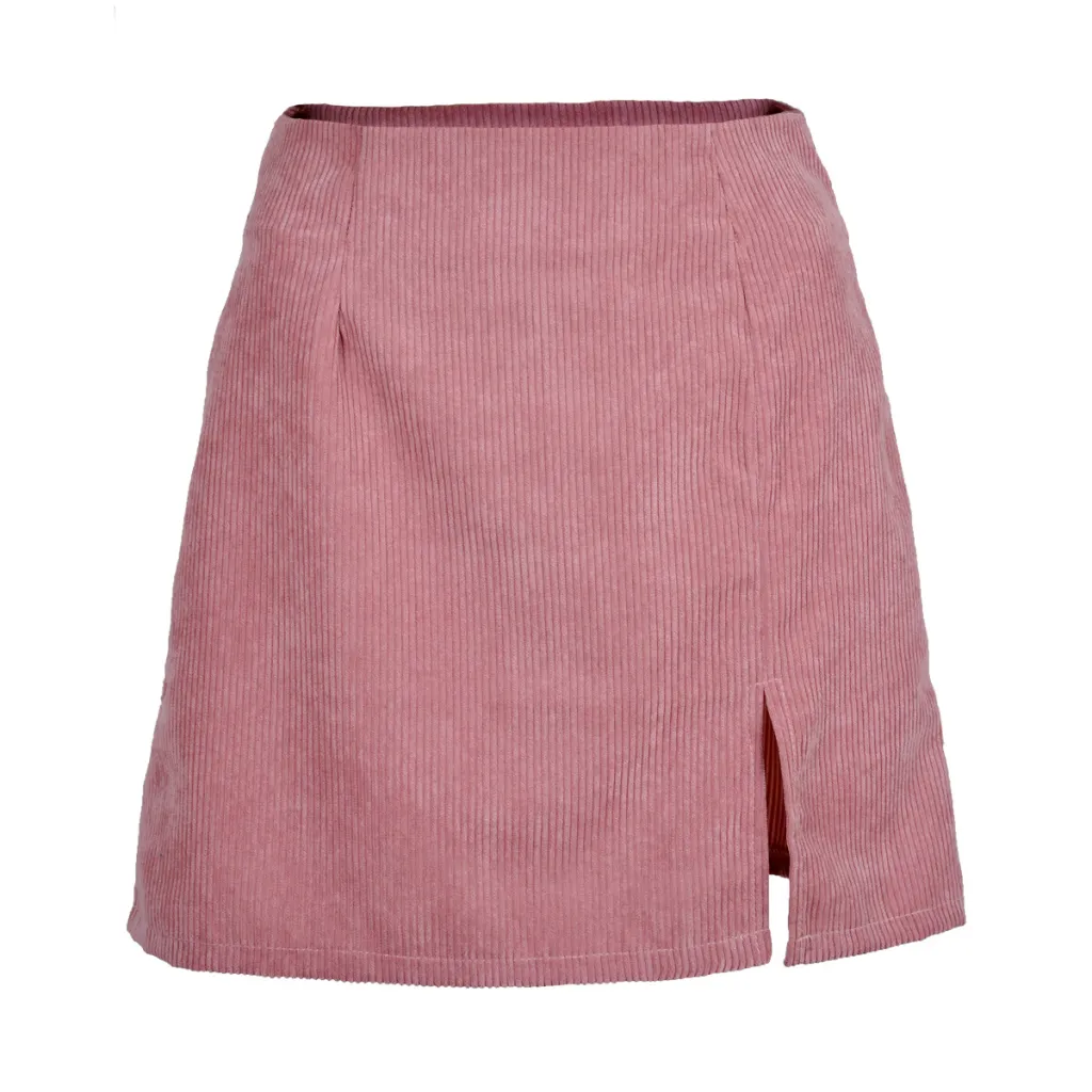 Women's high waist corduroy skirt solid color slit A-line skirt - Pink