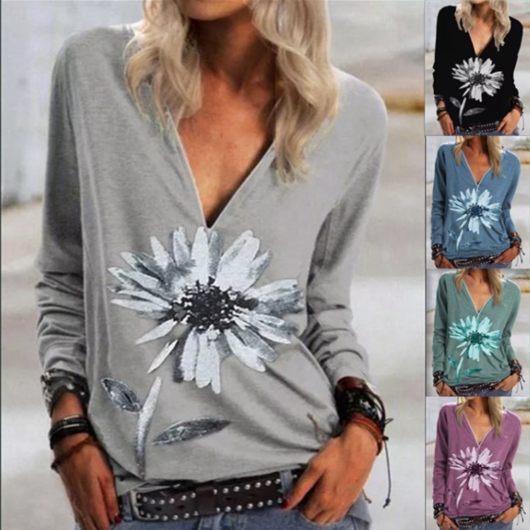 Autumn Long-sleeved Female Printed V-neck T-shirt