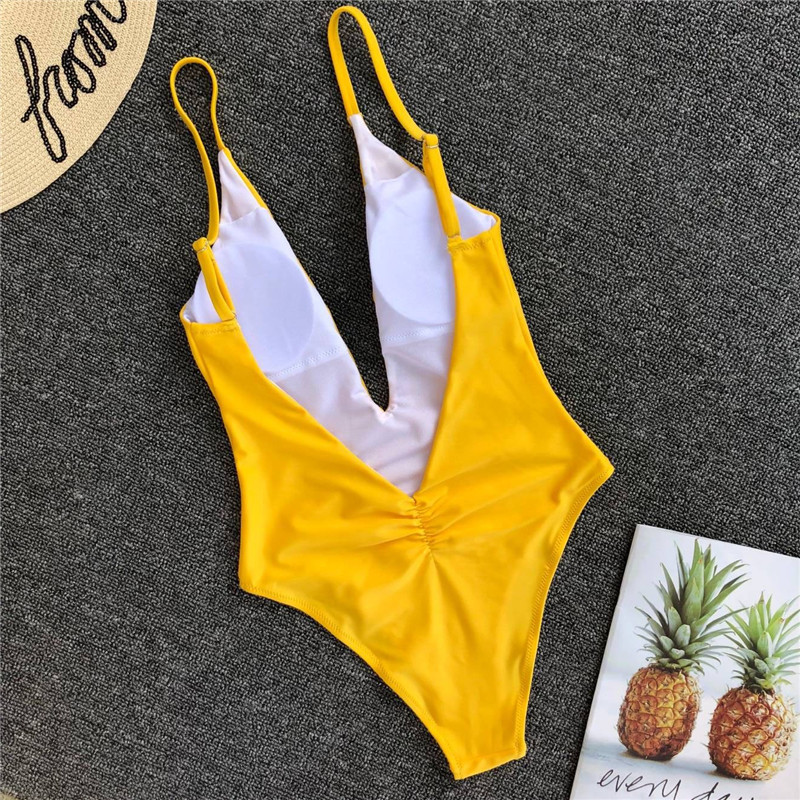 Solid color sexy one-piece swimsuit deep V-neck back pleated bikini