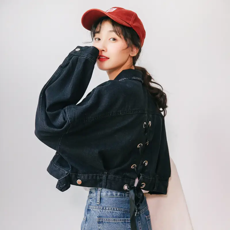 Korean Style Lace-up Blouse With Long Sleeves and Short Loose
