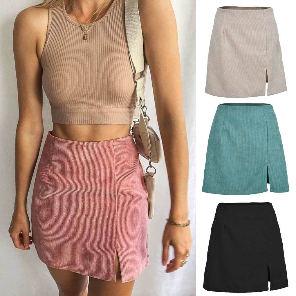 Women's high waist corduroy skirt solid color slit A-line skirt