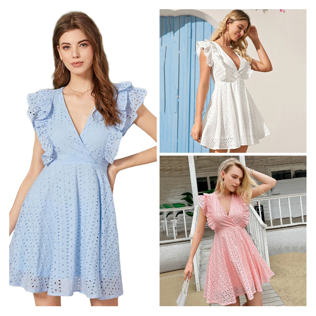 Cross V-neck dress with ruffled sleeves