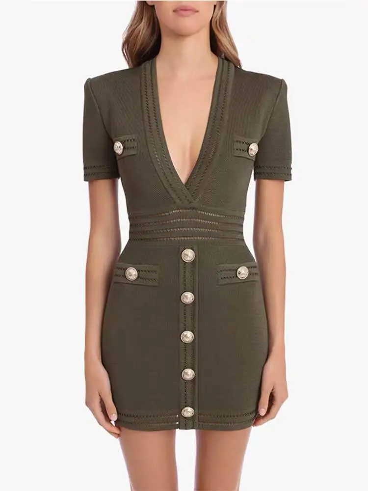 Sexy slim-fit buttocks knitted short-sleeved dress - Green
