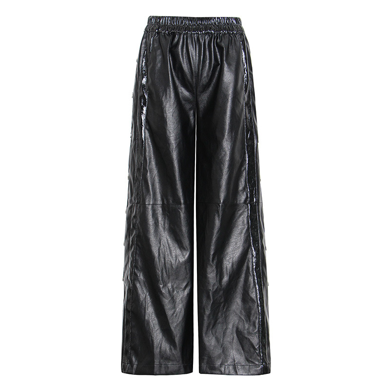 Sexy side button split PU leather wide-leg pants