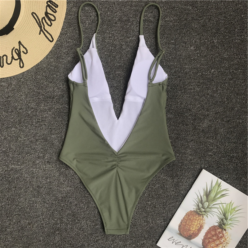 Solid color sexy one-piece swimsuit deep V-neck back pleated bikini - Image 12