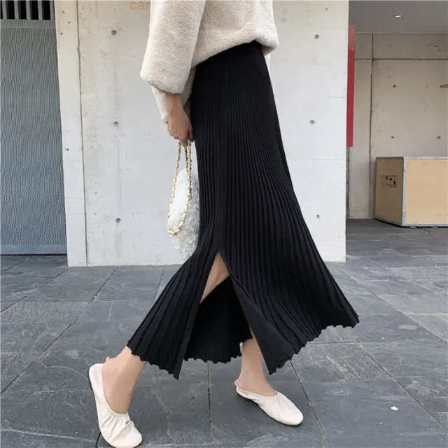 High waist pleated knit midi skirt Black - Shop at LoveMi