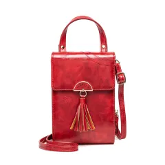 Korean style ladies tassel oil wax leather crossbody bag - Red - View 1