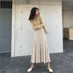 High waist pleated knit midi skirt - Apricot - View 1