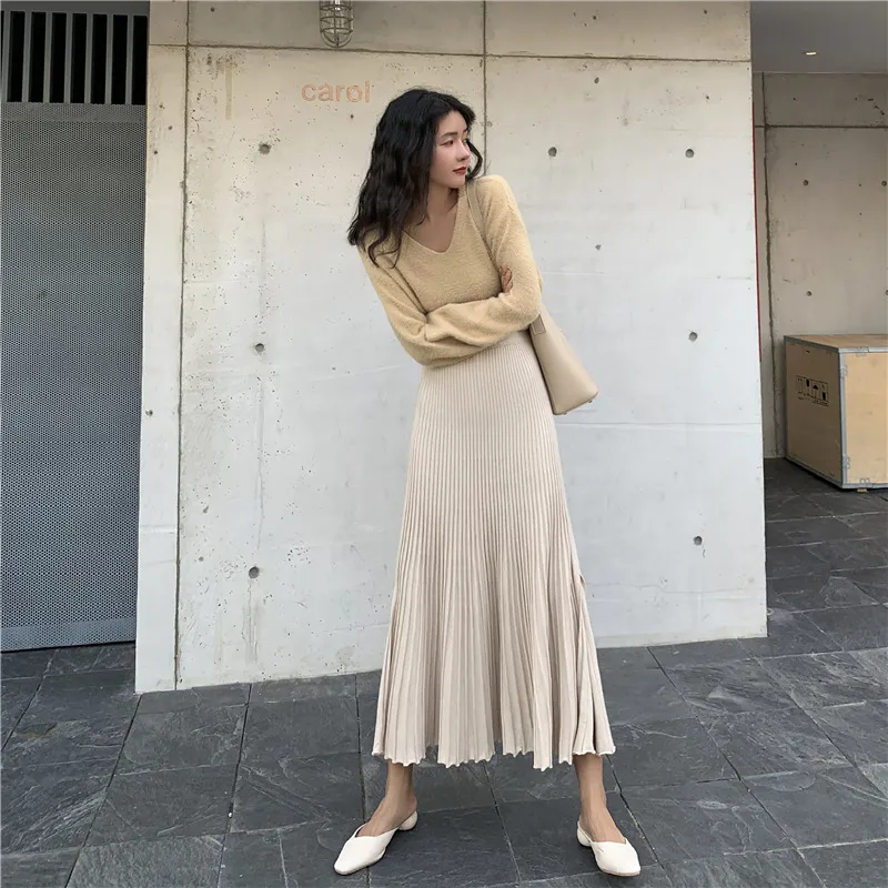 High waist pleated knit midi skirt - Apricot